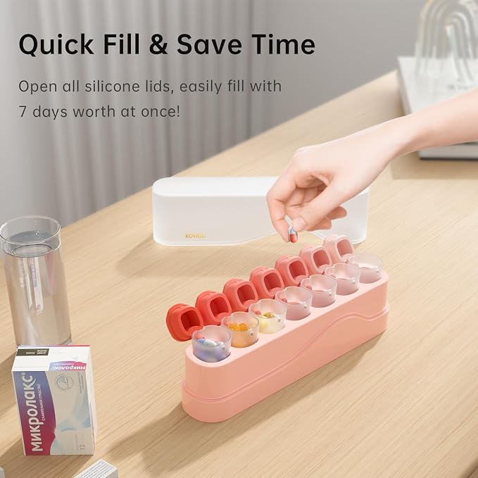 KOVIUU Weekly Pill Organizer 1 Time a Day, Detachable Pill Box 7 Day, Pink | Travel Pill Case | Once Daily Medication Dispenser | Week Pill Holder Container for Vitamin, Medicine, Supplement | BPA-Free
