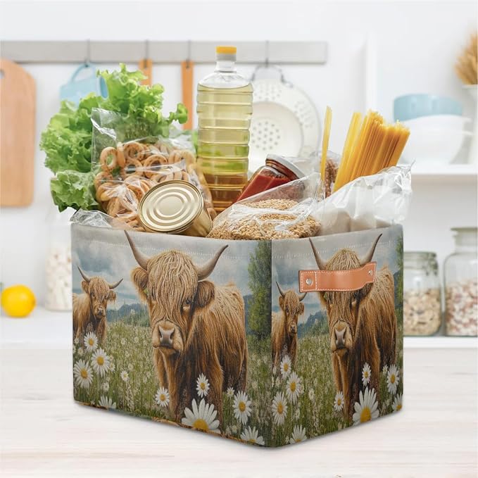 Daisy Flowers Highland Cows Storage Boxes Theme Storage Nursery Baskets with Handle Closet Collapsible Organizer Shelf Bins for Book Cloth 15 X 11 X 9.5 IN