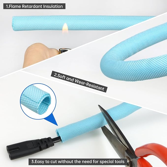 Split Braided Cable Sleeve，Flexible Wire Loom Tubing, Automotive Cord Protector Pet Proof, Cable Management for Computer TV Electric Wires Harness 16ft (Sky Blue, 10mm（3/8")