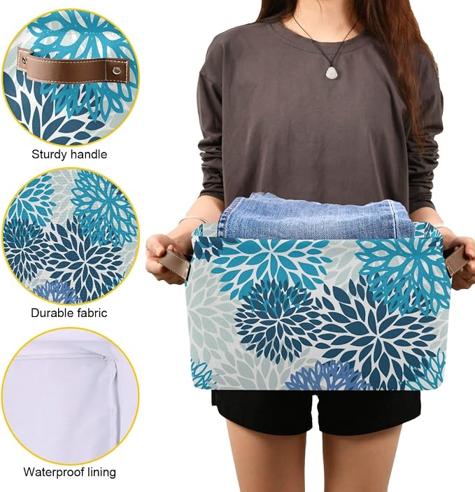 susiyo Large Foldable Storage Bin Blue Navy Chrysanthemum Flowers Fabric Storage Baskets Collapsible Decorative Baskets Organizing Basket Bin with PU Handles for Shelves Home Closet Bedroom-1Pack