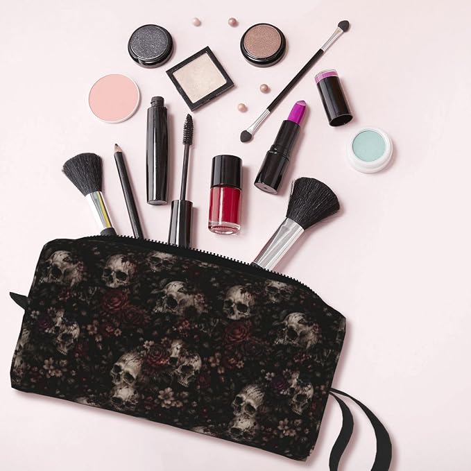 Dark Gothic Flower Skeleton Makeup Bag for Women | Small Travel Cosmetic Pouch with Zipper, Compact Makeup Organizer Bag for Purse, Toiletries, Skincare & Daily Essentials