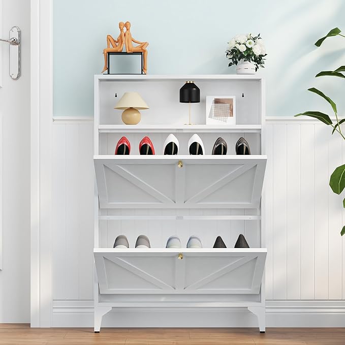 Shoe Cabinet with 2 Flip Drawers, Narrow Shoe Storage Cabinet, Farmhouse Shoe Organizer, Freestanding Organizer with Metal Legs for Entryway, Foyer (White, 2 Door)
