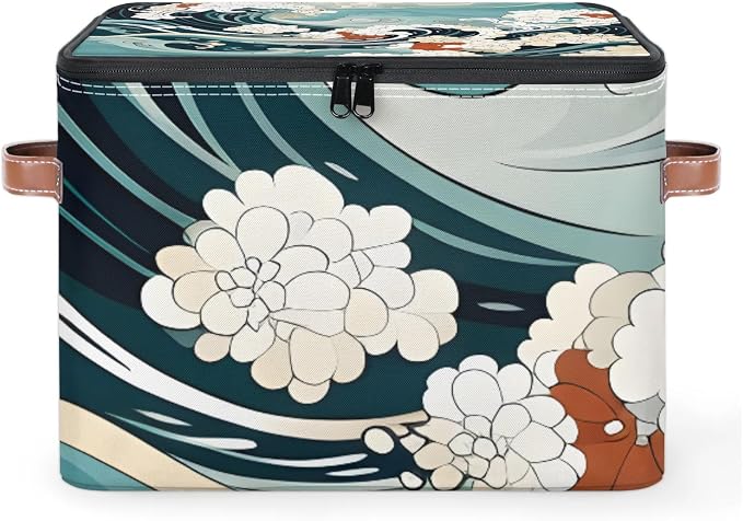 Japanese Waves Vintage Foldable Storage Bin with Lid Zipper | Closet Shelf Organizer, Boxes, Basket Containers for Home, Lidded Storage Cube for Bedroom, Waterproof, with Handles