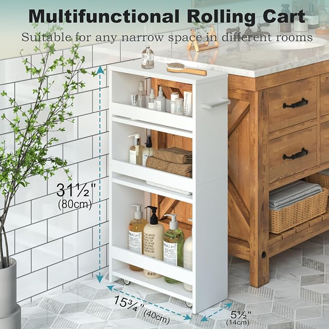 MARTY Slim Rolling Storage Cart, Wood Utility Kitchen Bathroom Laundry Cart | 4 Tier Kitchen Cart with Wheels Handle, Laundry Room Organization, Narrow Bathroom Storage Cabinet, 5.5" Wide Storage Trolley