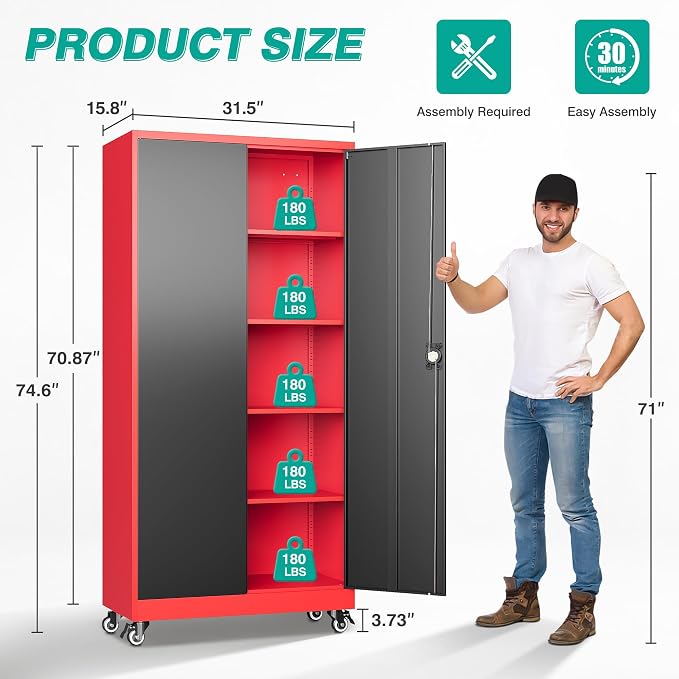 75" Tall Metal Storage Cabinet with Wheels,Rolling Garage Storage Cabinet with Lock,Red Metal Cabinets on Wheels,Locking Tool Cabinets on Wheel for Garage,Home,Office,Shop