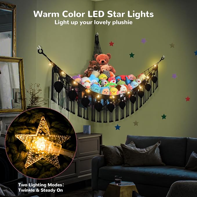 82.7x59x59 Inch Jumbo Stuffed Animal Storage Hammock Corner Toy Net, Black | Macrame Leaf Hanging Stuffed Animal Net Organizer for Stuffy Plush,Toy Hammock Holder w/Star Lights,Nursery Room Decor Gift