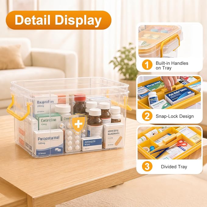 2 Pack Clear Medicine Organizer Box with Handle, Plastic Medicine Container with Tray First Aid Box Empty, Thickened Medicine Storage Organizer Multipurpose Medication Organizer Storage, Yellow