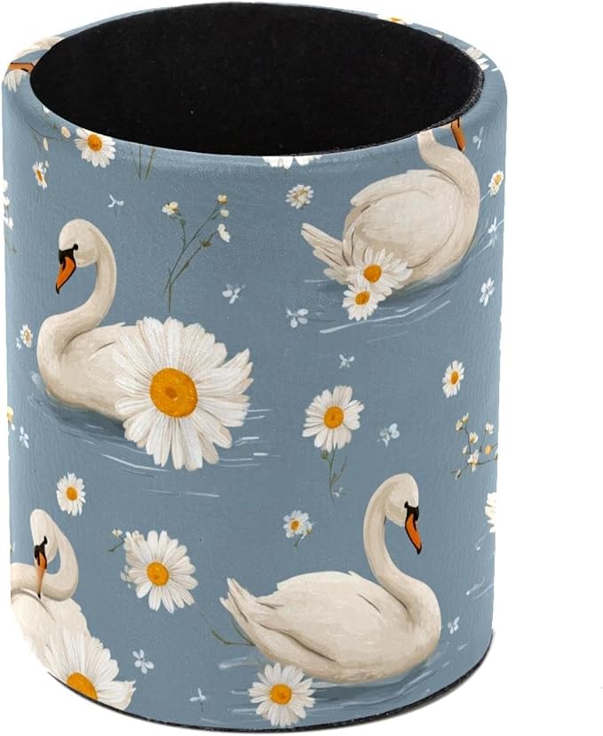 Faux Leather Pen Holder for Desk, Pencil Organizer Geese and Daisies Pen Cup Desk Decor Makeup Brush Holder Storage for Office Home