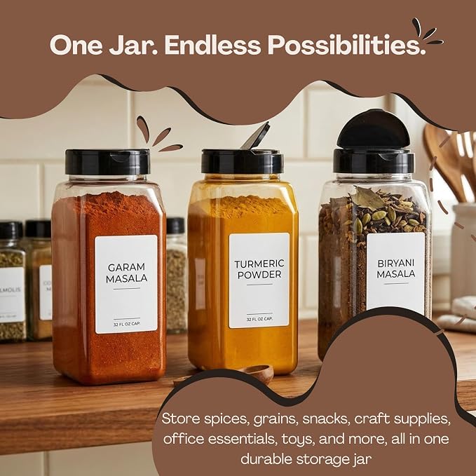 Pride Of India 32 Fl Oz Clear Spice Jar with Dual Opening Lid | Food Grade PET Plastic Oblong Jar | Reusable Organizer for Spices, Herbs, Coffee, Nuts, Snacks & Pet Treats | | 3-4 Cup Capacity