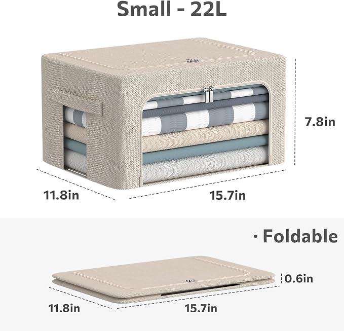 CYhom 3Pack Foldable Storage Bins - Frame Storage Box Linen Fabric Stackable Clothes Container Organizer with Clear Window & Carry Handles Large Capacity (Small-22L, Beige)