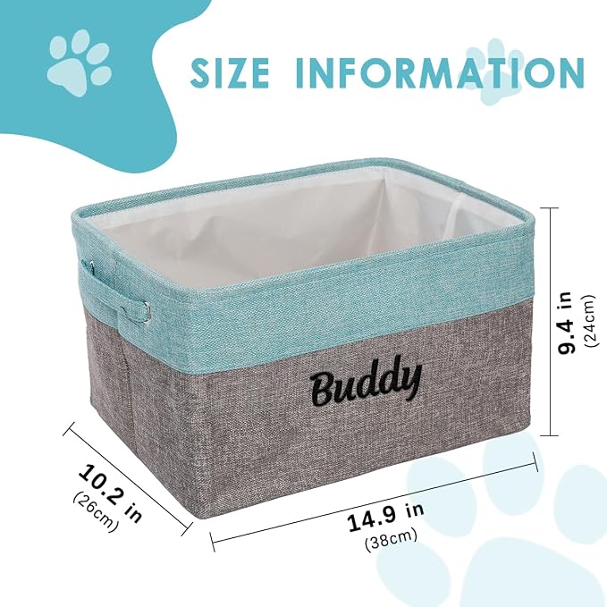 Ulico Personalized Dog Toy Storage Basket, Collapsible Pet Storage Organizer Box with Handles, Custom Dog Toy Bin with Pet's Name Cat Toy Storage Gift for Dog Lovers（Grey Blue）