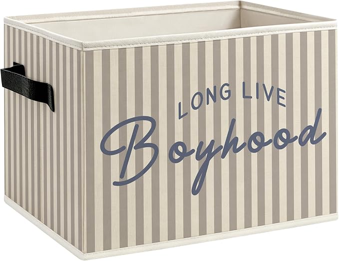 Neutral Striped Boy Nursery Foldable Storage Bins Box with Handles, Long Live Boyhood Decorative Storage Boxes Baskets Toybox Organizer for Kids Boy Nursery Room Bedroom Playroom
