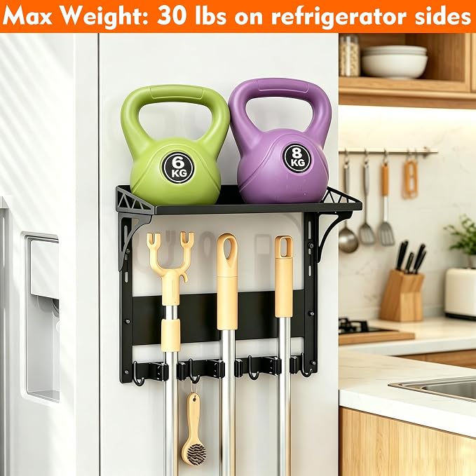 MUTUACTOR Heavy Duty Magnetic Broom Holder,Anti-slip Magnetic Tool Rack with Top Utility Shelf, Easy Assembly Broom Mop Organizer for Refrigerator Metal Cabinet Laundry Room Kitchen,3-Clamps 4-Hooks