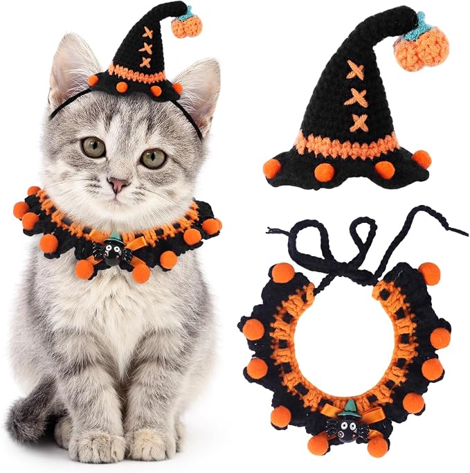 Kunyeah Halloween Pet Costume Set for Cats Small Dog Adjustable Knitted Hat Scarf Pumpkin & Witch Print Puppy Bib Cute Crochet Cat Collar Cap Pet Apparel Outfit (Orange-Ball)