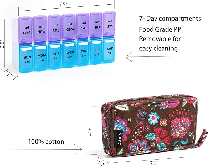 Weekly Pill Organizer 2 Times a Day, Zumd Pill Box 7 Day with Cute Quilted Fabric Zipper Case, Travel Pill Case Am Pm for Vitamin Medicine Organizer