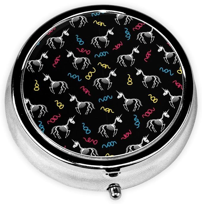 Compact Pill Case, Metal Round Holder for Supplements, Purse Pocket Organizer Travel Essential, Happy Halloween Unicorn Skull Skeletons