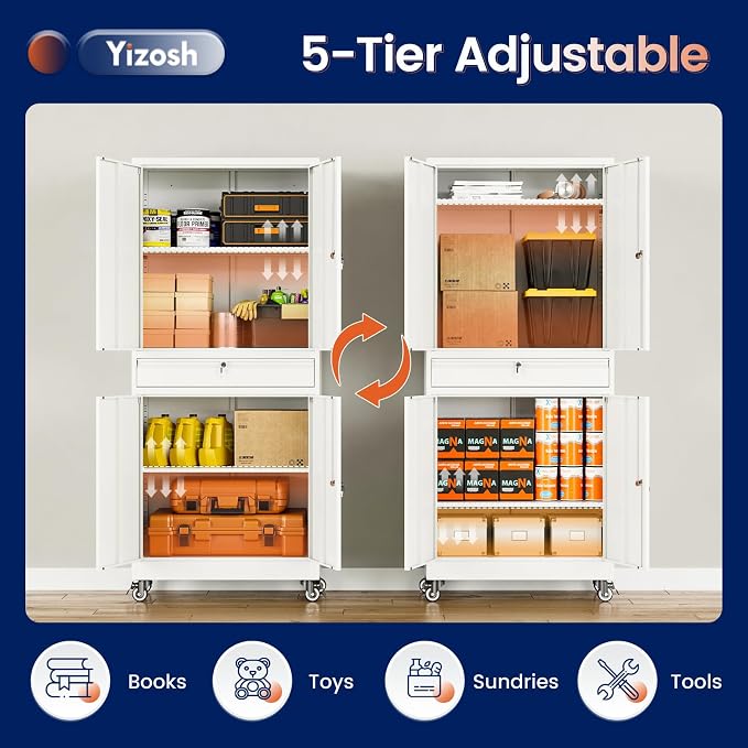 Metal Garage Storage Cabinet with Locking Doors and Adjustable Shelves, 73" Rolling Tool Storage Cabinet with 4 Wheels and 1 Drawer for Garage,Warehouse