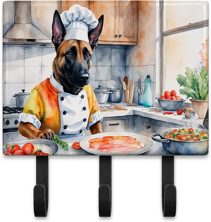 Caroline's Treasures Belgian Malinois The Chef Leash or Key Holder Wall Hooks, Key Hooks Holder, Coat Rack Wall Mount, Coat Hooks, Hooks for Hanging Keys, Towels, Aprons, Leashes | Belgian Malinois The Chef artwork on ceramic tile with three steel hook...