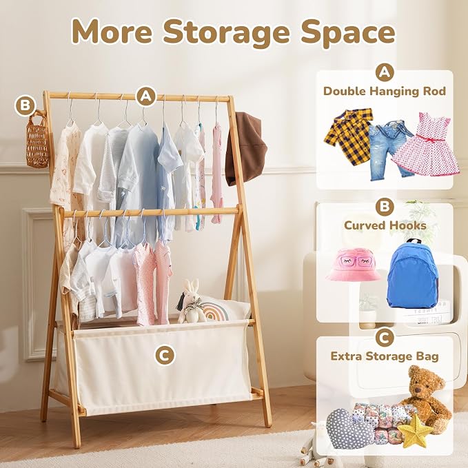 Baveke Montessori Bamboo Clothing Rack for Toddlers - Foldable Kids Wardrobe Organizer with Storage Basket, Nursery Clothes Storage Rack for Small Spaces, Sustainable & Easy Assembly