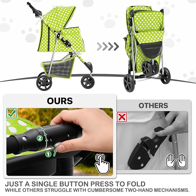 MoNiBloom Pet Stroller for Small/Medium Dogs and Cats, Lawn Green | Foldable Dog Stroller 3 Wheels Pet Strolling Cart w/ Storage Basket Cup Holder, Breathable and Visible Mesh for All-Season