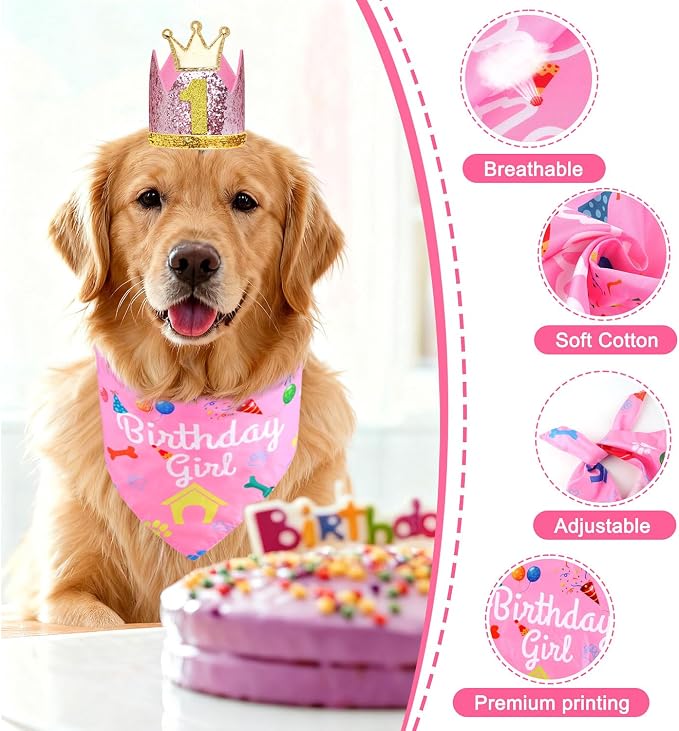 Rensh Dog Birthday Party Supplies, Dog Birthday Bandana Hat with Numbers for X-Large Large Small Pets, Multi Size Birthday Decorations for Dogs and Cats (Pink, X-Large)