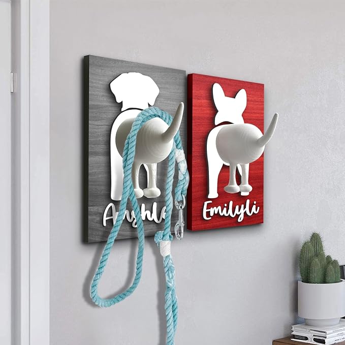 Personalized Dog Leash Holder for Wall, Custom 3D Dog Butt Leash Holder with Name, Hooks for Leashes, Keys, Collars, Christmas Birthdays Housewarming Gift for Pet Lovers (Style-1)