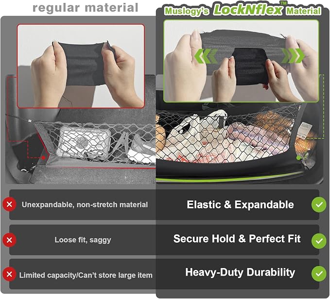 Muslogy Cargo Net for 2015-2020 Chevy Suburban | GMC Yukon XL Accessories | Custom Fit, Trunk Storage Organizer Net for SUV Sedan Van Divider, with Heavy Duty Carabiners, Night Visible Grab Handle
