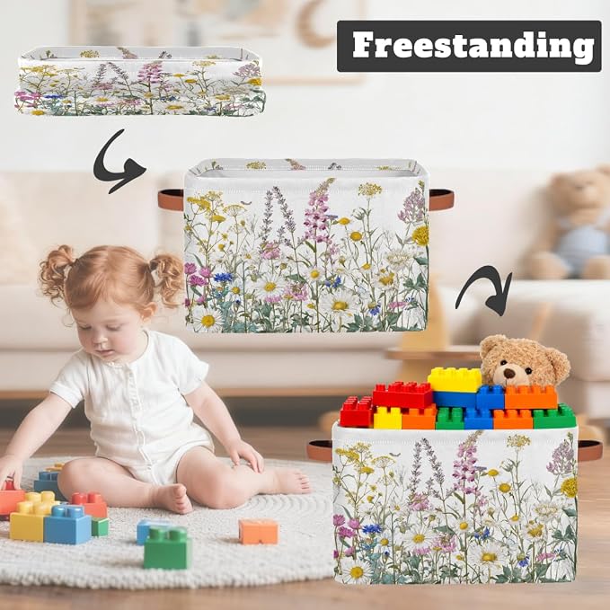 Pardick Storage Baskets Bin, Spring Wildflowers Floral Collapsible Canvas Fabric Storage Bin Decorative Baskets Toy Organizer Rectangle Storage Boxes with handles for Home Shelves Nursery,Q-4