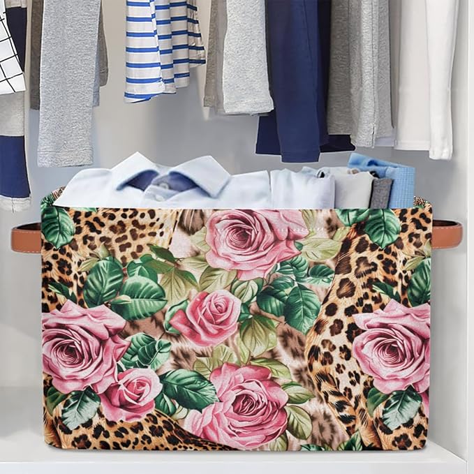 Leopard Print Floral Flower Storage Basket Storage Cube Basket Bin | Collapsible Cloth with Handles Rectangular Toys Nursery Bedroom Home Office