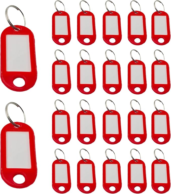 40Pcs Plastic Key Tags with Split Rings, Writable Label Window, Office, Luggage, Name & Number Organization, Key Label Holders(Red)