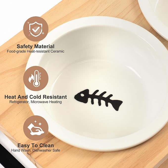 getlstub Elevated Cat Bowls with Wood Stand - Raised Cat Food and Water Bowls for Indoor Cats & Small Dogs, 15°Tilted High Ceramic Anti-Vomit Pet Feeder, Whisker Fatigue Friendly