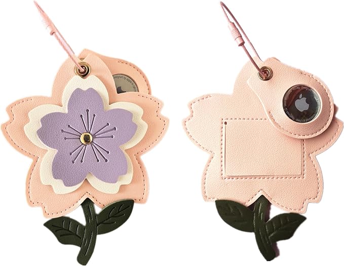PU Leather Luggage Tag with Airtag Holder Case Set and Name ID Label | Hidden Compartment for AirTag Travel Suitcase Tracking Case with Stainless Steel Loop,Cute Fruit Plant Animals Styles,sakura