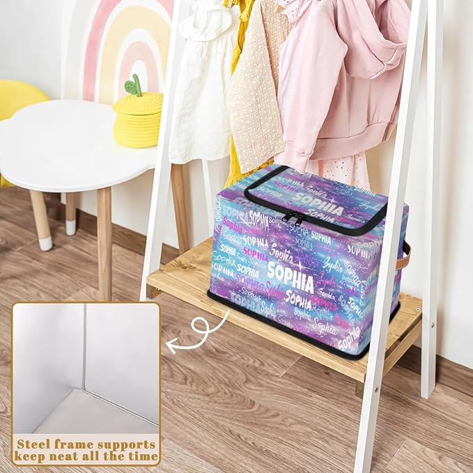Custom Rectangle Storage Basket Zipper Lid, Personalized Name Organizer Bin for Pet/Children Toys, Books, Clothes, Perfect for Rooms/Playroom, Purple Blue Galaxy with Stars