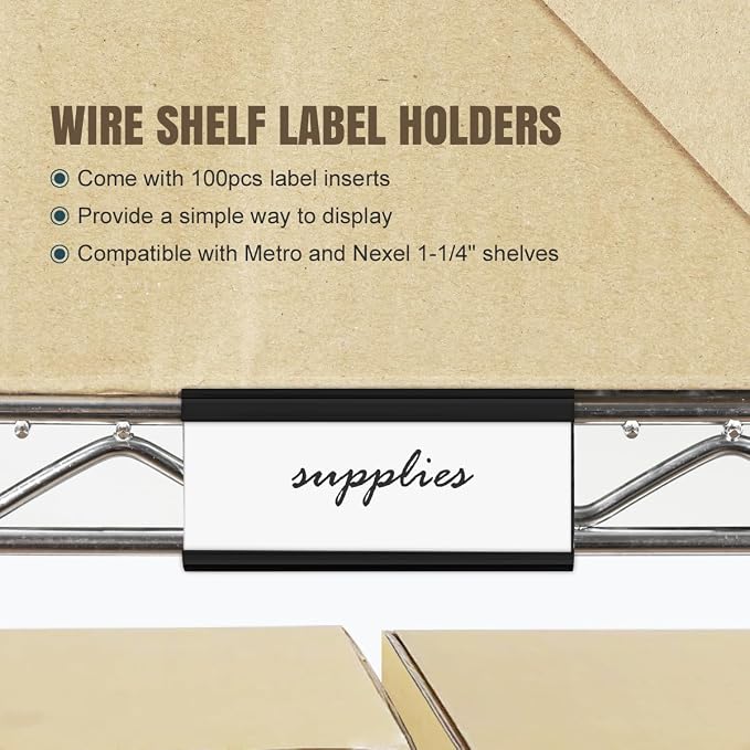 100Pcs Wire Shelf Label Holders with 100Pcs Label Paper Inserts, Black Plastic Wire Rack Label Holder Compatible with Metro and Nexel 1-1/4in Shelves, Label Area 3in Lx1.25in H