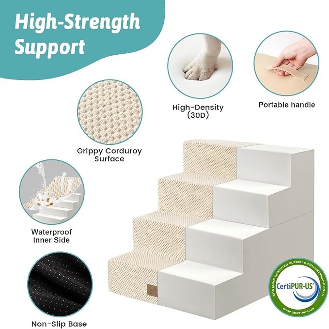 COZY KISS Dog Stairs for Small Dogs, 4 Step Pet Stairs for Beds & Couches | 17.7" H Wider Non-Slip Dog Steps with Removable Tiers & Support Board for Puppies, Older Cats & Dogs, Beige