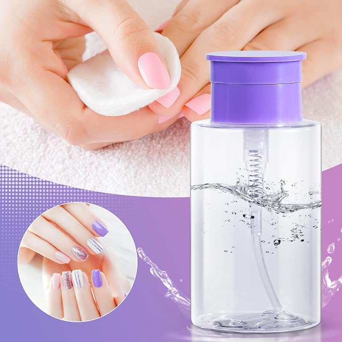 Nail Polish Remover Pump, YAMYONE 2 Pack Acetone Pump Dispenser, Alcohol Dispenser Push Down Empty Lockable Pump Dispenser Bottle for Nail Polish and Makeup Remover, 200ml(6.8oz) (Transparent Purple)