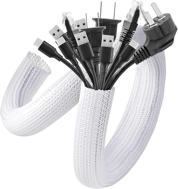 AGPTEK Cable Sleeve, 2 Pack 5ft - 1.8 inch Cable Management Cord Hide,White | Desk Cord Cover Organizer Wire Hider for Office Computer TV Wire Loom Tubing Pet-Proof Cord Protector from Cat Dog Chewing
