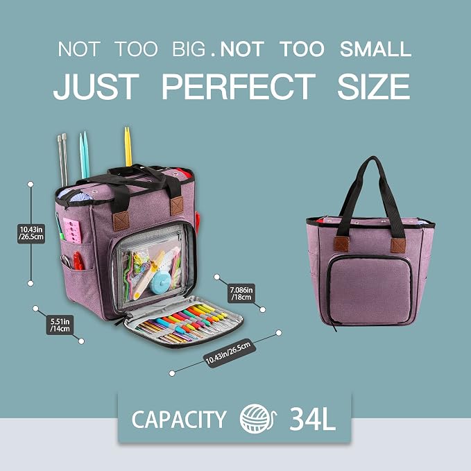 Yarn Knitting Storage Tote-Large Capacity Crochet Organizer Portable Travel Bag with Shoulder Strap Crochet Hooks Case for Unfinished Bulk Project Purple