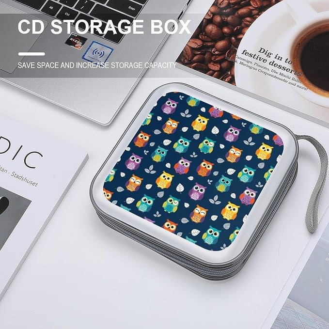 Portable CD Storage Case for 40 Discs Cute Owl, Hard Shell Binder with Handle, Protective Organizer for Car Office Travel