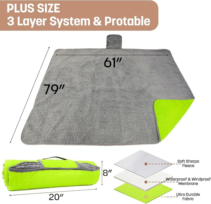 Tirrinia Waterproof Outdoor Blanket with Sherpa Lining, Windproof Foldable