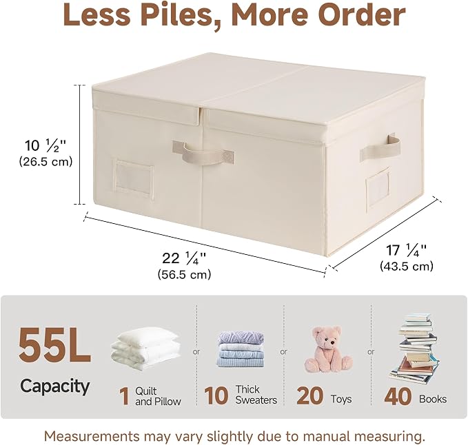 StorageWorks 55L Extra Large Fabric Storage Bins with Lid, Foldable Closet Organizer Boxes with Label and Handles, Decorative Storage Baskets for Clothing and Blankets, Cream White, 2-Pack