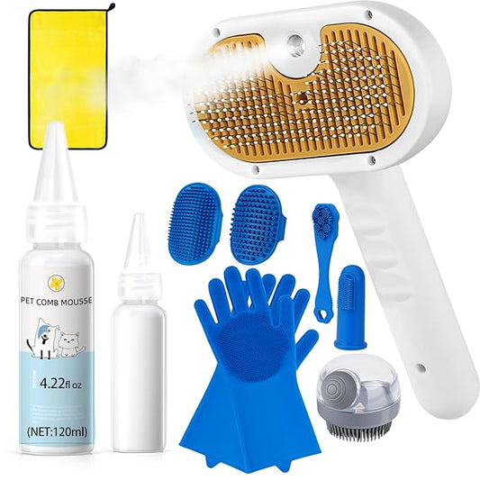 Pet Steam Brush for Dog & Cat – 3-in-1 Spray Hair Removal Comb for Shedding & Grooming, Softens Fur & Reduces Static – Water Brush for Long & Short Coats, Bath-Hating Pets, Includes Waterless Shampoo