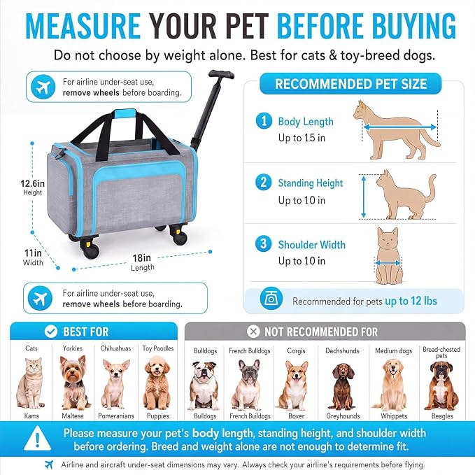 Airline Pet Carrier with Wheels, 18x11x11 for Cats & Toy Dogs | Soft-sided nylon under-seat bag, removable wheels, expandable mesh, cats & toy-breed dogs, measure pet before buying