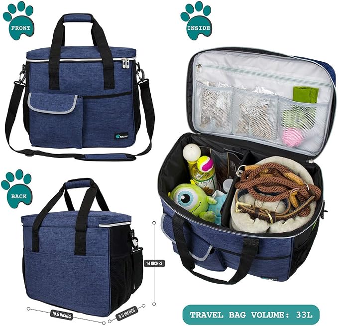 PetAmi Dog Travel Bag Organizer, Pet Supplies Diaper Tote, Navy Blue Large | Pet Travel Kit with 2 Food Containers & 2 Collapsible Dog Bowls, Luggage Sleeve, Weekend Getaway Road Trip Camping Essentials