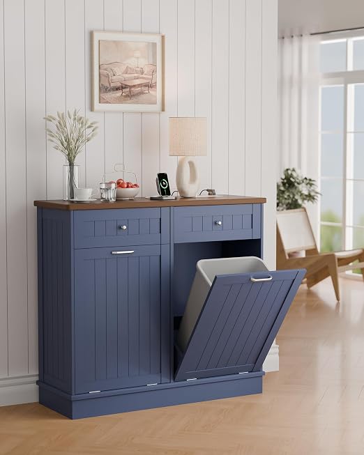 Betterhood Double Tilt Out Trash Cabinet with Power Outlet & USB, Hidden Garbage Can Holder with 2 Storage Drawers, Wooden Laundry Hamper for Kitchen, Bathroom, Living Room, Blue