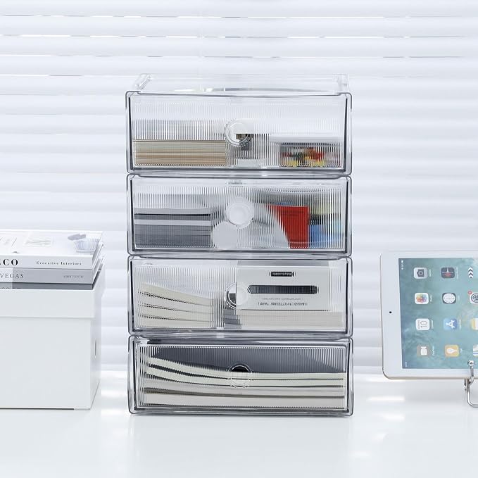 Clear Desk Drawer Organizers, 4 Drawers, Plastic | Stackable Desk Organizers and Accessories, For Marker Pen, Pencils, Stationery, For Home Office, Bathroom, Kitchen
