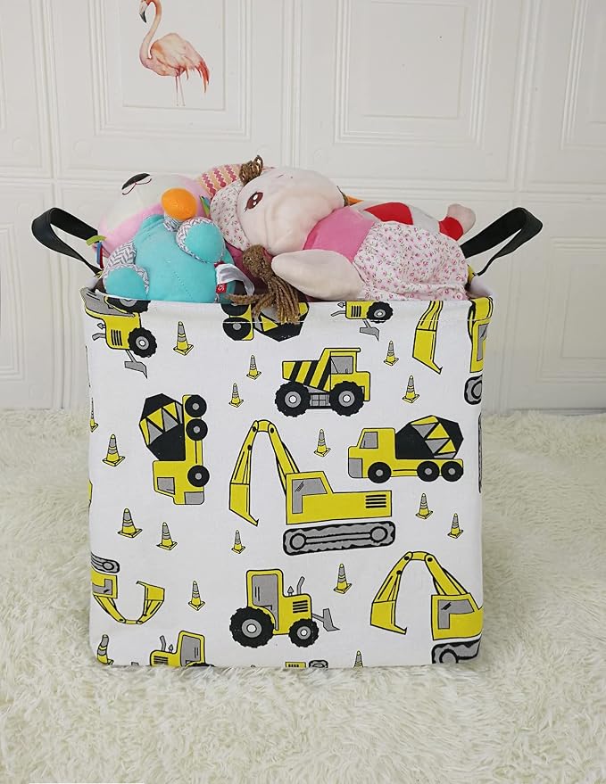 Square Storage Basket Gift Shelf Basket Storage Bin, Nursery Basket Organizer Box for With Handles for Room Deco (Excavator)