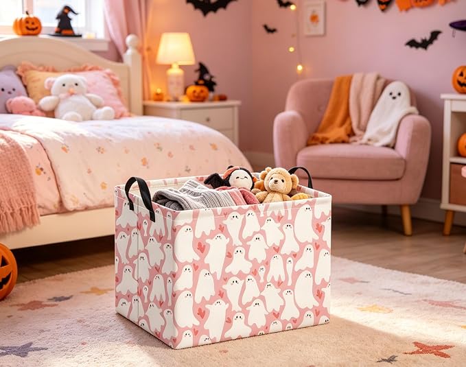 Halloween Basket Cute Baskets for Kids Pumpkin Basket Rectangular Storage Bin Organizer Box Room Decor(Pink Cute Ghost)