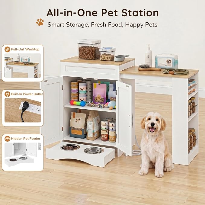 Furnaza 49.2" Dog Food Storage Cabinet with Power Outlets and Hidden Bowls | Wood Kitchen Island with 3-Tier Shelf ,Pull-Out Countertop,Pet Feeding Station for Small Space, Kitchen, Living Room,White