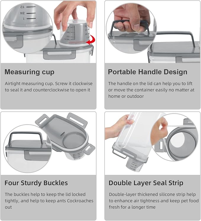 LEAWALK 3-5Lbs Airtight Small Cat Dog Pet Food Storage Containers BPA Free, with Large Pour Spout/1 Measuring Cup/ 4 Safety Locks and Double-layer Silicone Strip (Clear Grey 3Pack)